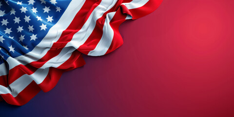 Red, white, and blue American flag against a red background, banner, copy space