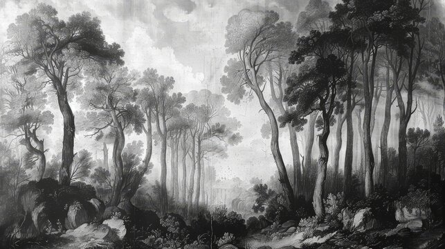 Vintage trees forest drawing European antique wallpaper mural