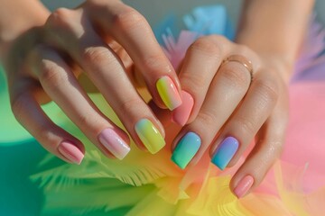 Fototapeta premium Vibrant pastel gradient nail art manicure displayed on hands with a soft focus background of colorful hues. Generated AI