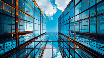 Modern glass skyscrapers reflecting blue sky and clouds, symbolizing corporate success, urban architecture, and financial district.