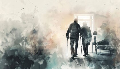 Obraz premium Abstract watercolor art depicting two elderly people walking with a cane towards a bright doorway, symbolizing companionship and support.