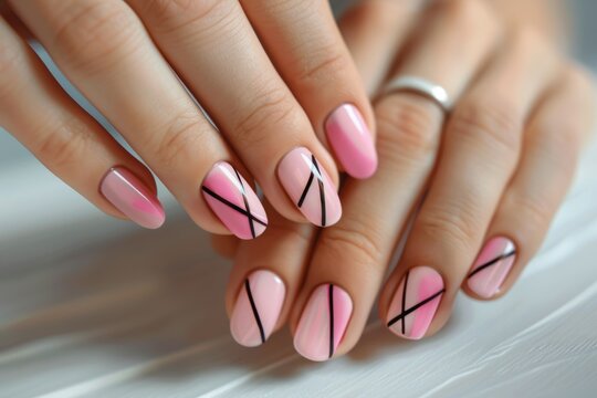 Close-up of hands with stylish pink nails featuring black geometric lines, reflecting modern elegance and fashion trends. Generated AI
