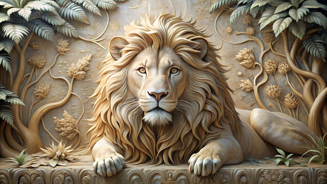 Beautiful Lions 3d relief wallpaper. Mural wallpaper. Wall art. AI-generated 