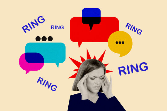 Trend artwork sketch 3D photo collage of vibrant office workspace speech bubble cloud message laptop woman headache overloaded ring call