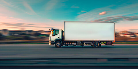 delivery cargo trucks driving in motion on highway road in country field and sunset landscape concept of lorry logistic freight transportation business