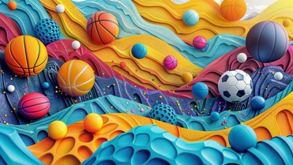 Obraz premium Dive into a vibrant, 3D-rendered world where a multitude of colorful sports balls, including basketballs, soccer balls, and golf balls, are nestled within undulating, wave-like structures.