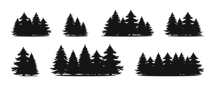 Pinetree forest silhouette vector set. Oak trees flat black template.