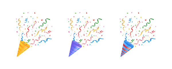 Confetti firecracker multicolor illustration. Holiday petard cracker set.