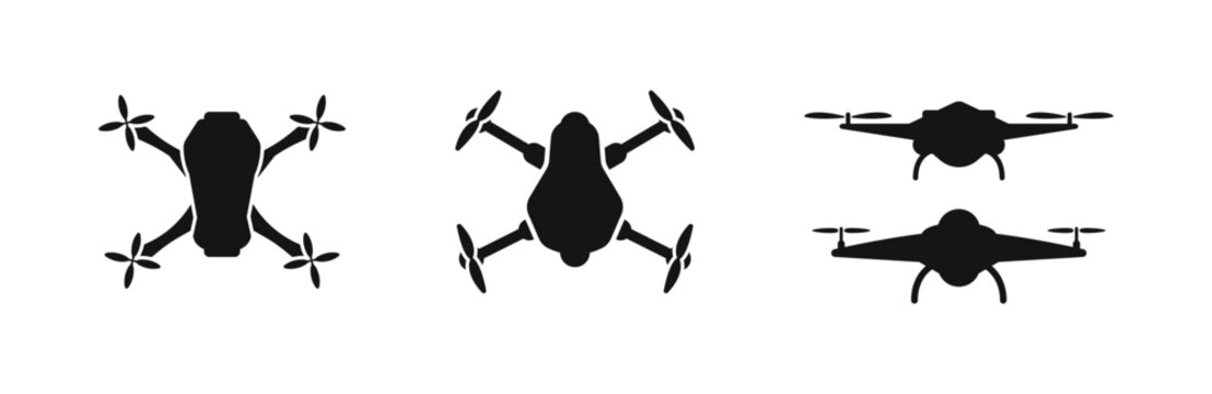Fpv drone vector silhouette icons. Quadrocopter air drones icon set.