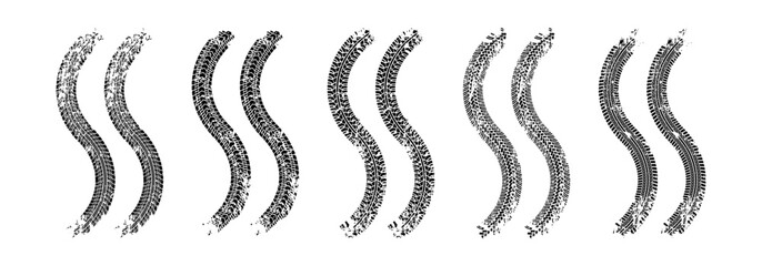 Car tire dirty trace vector set. Tires path tracktion collection.