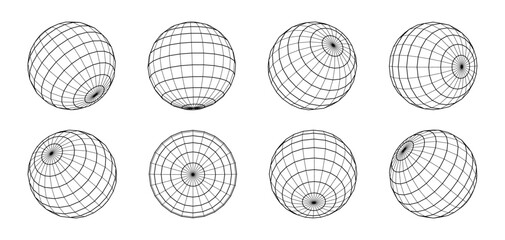 Sphere grid vector illustration collection. Round polygonal surface spheres set.