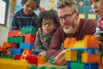 Teacher and Students Building with Colorful Blocks in a Classroom