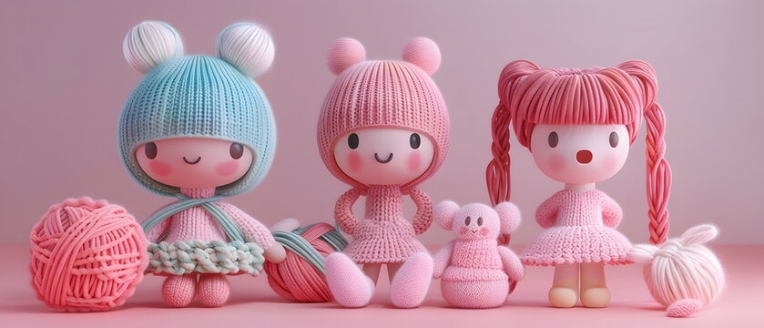 3D clay, Adorable clay a yarn dools ,muted pastels, Blender 3d, dolls with colorful pets and cute , kawaii pets model, dolls decorations	