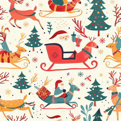 Fototapeta premium Santa Claus and Reindeer Festive Pattern