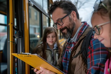 Father Checking School Forms on a Bus