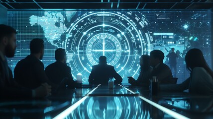 a team of executives gathered around a table, focusing on a digital compass projected on a screen, representing mission path and market decisions, in a sleek, high-tech conference room