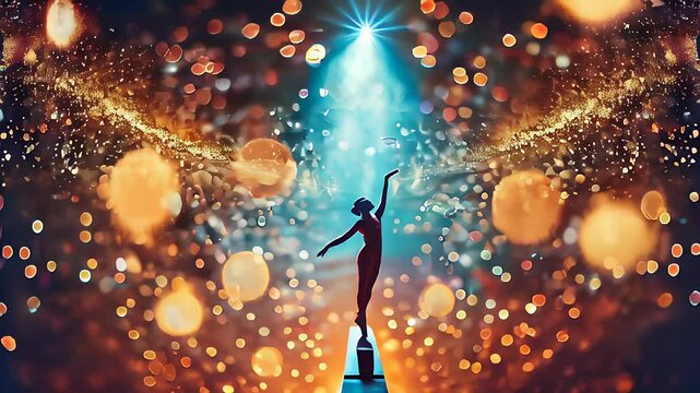 Graceful ballerina performing on stage under dramatic lighting, highlighting her elegance and poise. The background features bokeh lights, adding a magical and enchanting atmosphere to the scene.