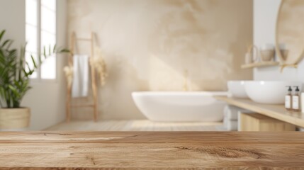 Modern Minimalist Bathroom with Wooden Countertop and Freestanding Bathtub in Natural Light