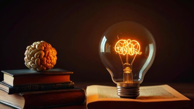 A light bulb and a brain on a table. The light bulb is glowing.