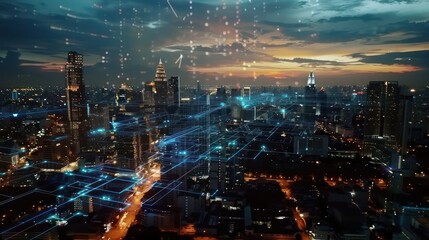 Glowing technological process hologram, aerial panoramic city view buildings at sunset