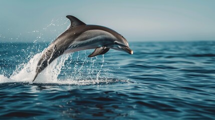 Dynamic dolphin breaching the ocean's surface in a spectacular leap, its powerful form a testament to marine strength
