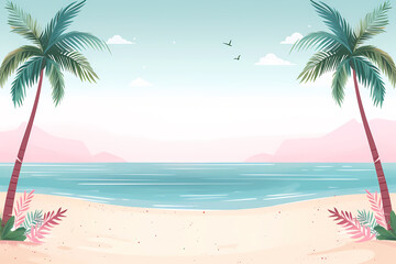 Fototapeta premium A serene beach scene with two palm trees, white sand, and turquoise ocean water. Perfect for summer and vacation themes.