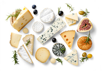 A variety of cheeses and fruits on a white or transparent background