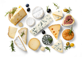 A variety of cheeses and fruits on a white or transparent background