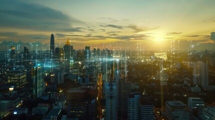 Glowing technological process hologram, aerial panoramic city view buildings at sunset