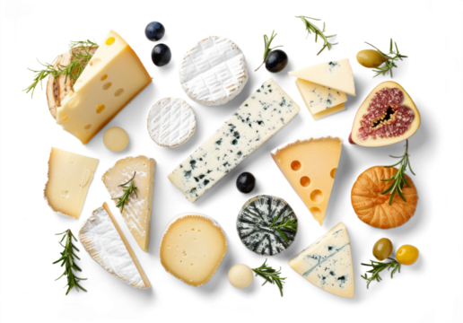 A variety of cheeses and fruits on a white or transparent background