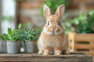Obraz premium A cute brown and white bunny sits on a wooden table with a variety of green potted plants in the background, creating a charming and natural interior scene.