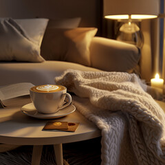 Background, cozy cup of coffee, book and blanket, ai generative	
