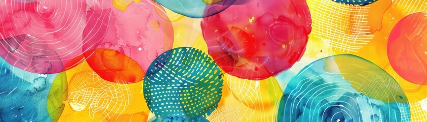 Vivid abstract painting with colorful circular patterns, featuring red, blue, and yellow hues. Artistic, dynamic, and visually striking design.