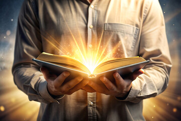 Obraz premium man reading the bible with light passing through it