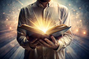 man reading the bible with light passing through it
