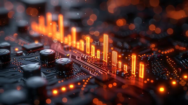Data Increase Concept Glowing Neon Blue 3D Bar Graph and Upward Arrow on Digital Circuit Board Background