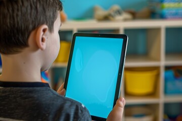 App display looking over a shoulder of a boy holding a tablet with a completely blue screen