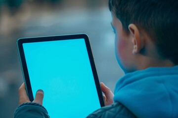 App display looking over a shoulder of a boy holding a tablet with a completely blue screen