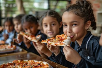 Group of Children Enjoying Pizza Together