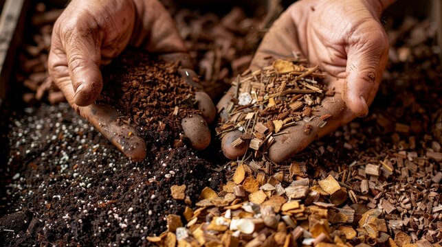 Top view of coco husk chips, lime powder, and aroid soil mix being combined, emphasizing the earthy tones and natural textures