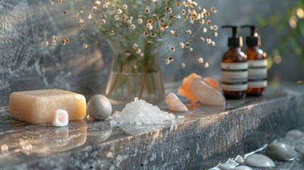 Tranquil spa setting featuring a solid shampoo, crystal bath salts, a luxury soap bar, and refined spa stones