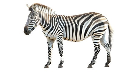 Fototapeta premium Elegant zebra portrayed in isolation against a white background, highlighting the natural grace and beauty of this iconic African animal
