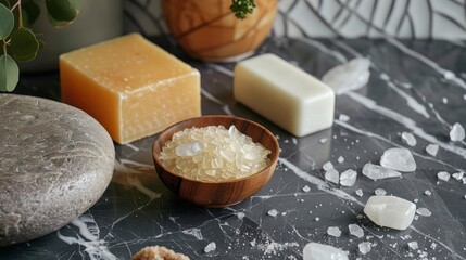 Tranquil spa setting featuring a solid shampoo, crystal bath salts, a luxury soap bar, and refined spa stones