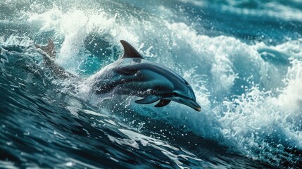 Fototapeta premium Energetic dolphin frolicking in the sea, its sleek body cutting through the waves with boundless vitality