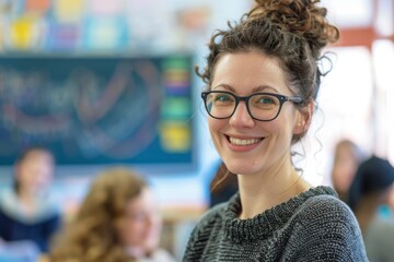 Smiling Young Woman with Glasses in a Classroom Setting