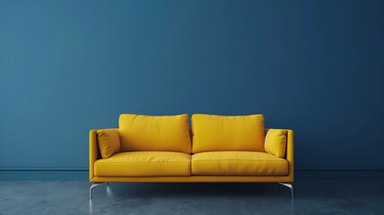 essence of modern interior design with a living room showcasing a bold yellow sofa on an empty dark blue wall background, emphasizing the dynamic interplay of colors and minimalist aesthetics