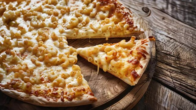 Mac and cheese pizza on wooden board, one slice cut