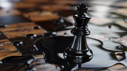 Black chess piece with spilled liquid on chessboard