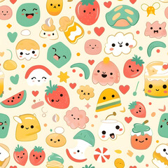 Cute cartoon small characters and objects seamless pattern background.