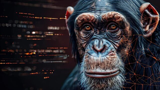 Chimpanzee portrait with digital network overlay and data points
